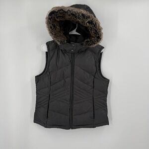 Loft Womens Vest Size‎ 8 Green Puffer Sleeveless Jacket with Hood Faux Fur